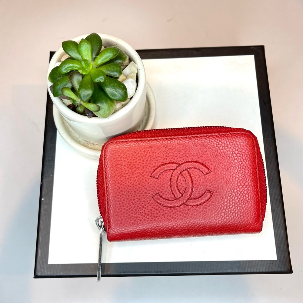 CHANEL Red Embossed CC Leather Zip Card Case